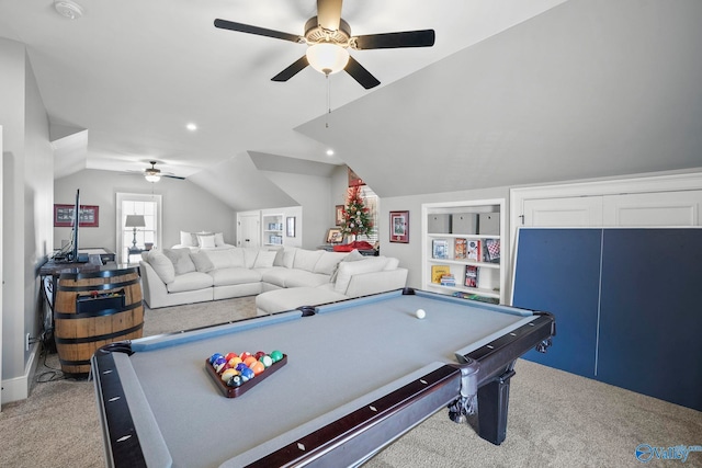 recreation room featuring light colored carpet, lofted ceiling, a ceiling fan, and billiards