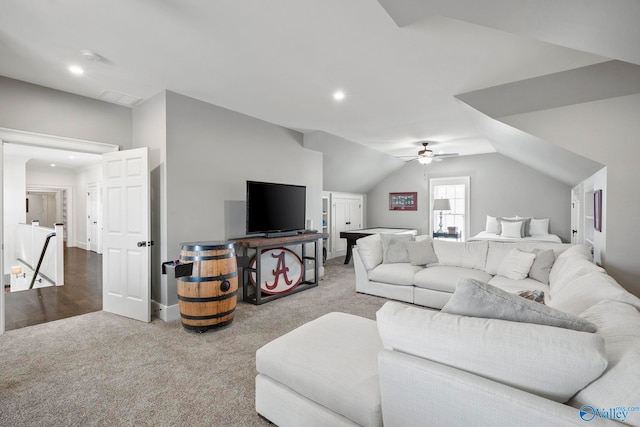 carpeted living area with recessed lighting, lofted ceiling, and a ceiling fan