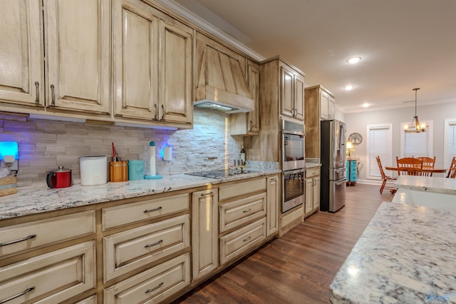 kitchen with dark hardwood / wood-style floors, pendant lighting, tasteful backsplash, ornamental molding, and stainless steel appliances