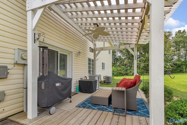 152 Old Vaughn Bridge Rd, Hartselle, AL 35640 - wooden terrace featuring a pergola, a ceiling fan, a lawn, and central AC