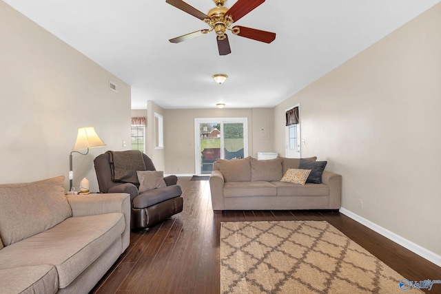 152 Old Vaughn Bridge Rd, Hartselle, AL 35640 - living room with dark wood-style floors, a ceiling fan, and baseboards