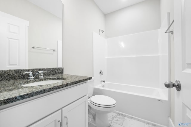 bathroom with toilet, bathtub / shower combination, vanity, and marble finish floor