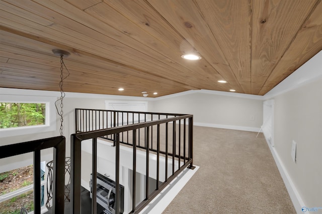 568 County Road 642, Mentone, AL 35984 - hallway featuring wooden ceiling, recessed lighting, carpet floors, baseboards, and an upstairs landing