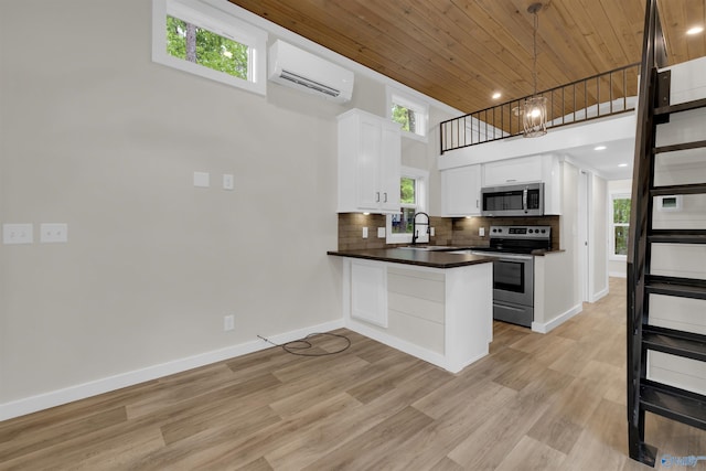 568 County Road 642, Mentone, AL 35984 - kitchen featuring appliances with stainless steel finishes, an AC wall unit, wood ceiling, a peninsula, and dark countertops