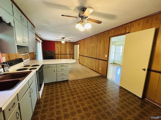 kitchen with wood walls, a peninsula, a healthy amount of sunlight, dark floors, and electric stove