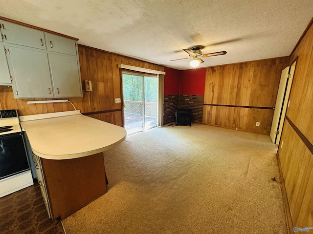 kitchen with a textured ceiling, wooden walls, range with electric cooktop, and a wood stove
