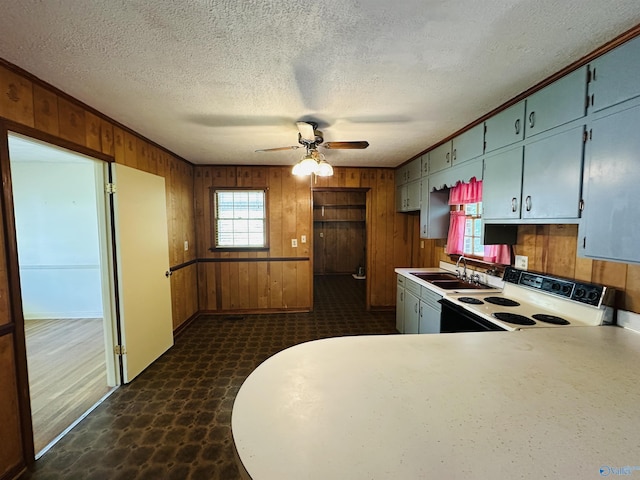 kitchen featuring wood walls, a sink, and electric range oven
