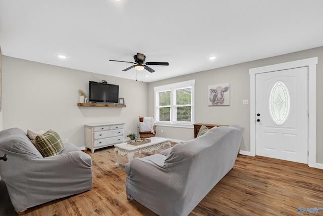 2605 Ready Section Rd, Toney, AL 35773 - living area featuring a ceiling fan, wood finished floors, and recessed lighting