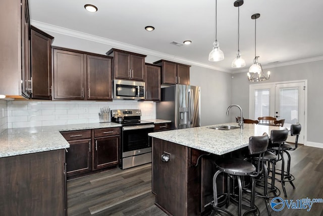 kitchen featuring dark wood-style floors, visible vents, backsplash, appliances with stainless steel finishes, and a sink