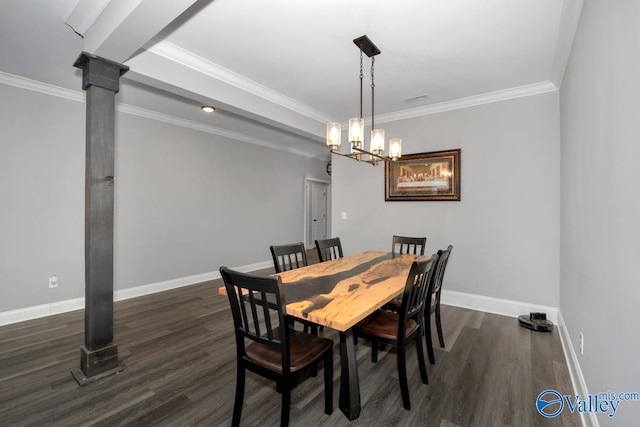 dining space featuring decorative columns, baseboards, dark wood-style flooring, and ornamental molding