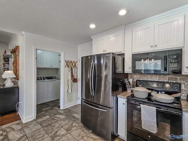 kitchen featuring ornamental molding, black appliances, white cabinetry, and independent washer and dryer