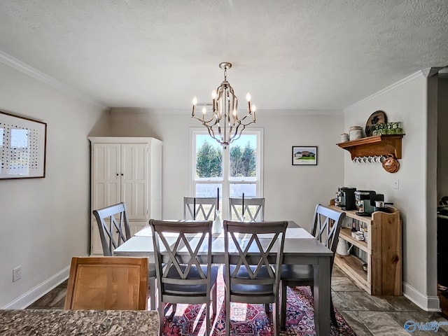 dining space featuring ornamental molding, a textured ceiling, and a chandelier