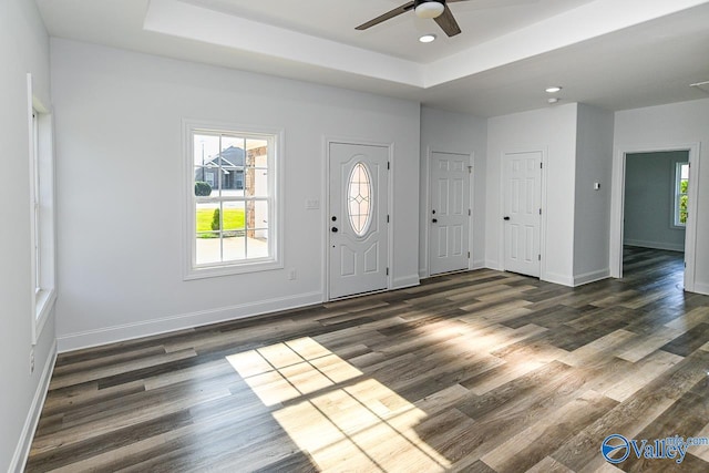 entryway with a raised ceiling, ceiling fan, and dark wood-type flooring