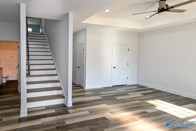 foyer entrance with ceiling fan, a raised ceiling, and dark hardwood / wood-style flooring