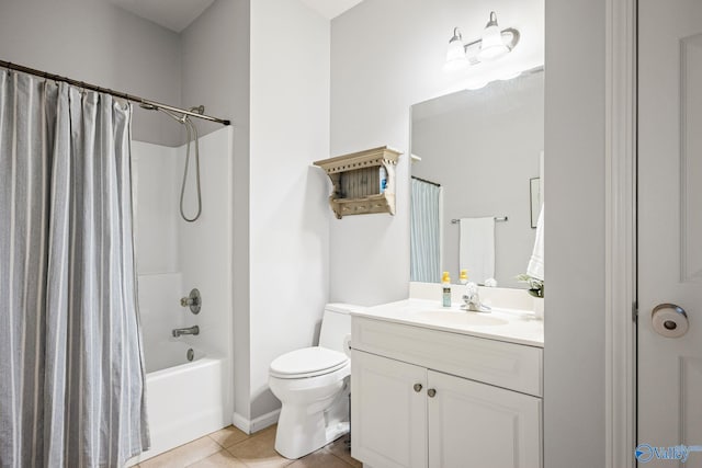 full bathroom with toilet, tile patterned floors, shower / bathtub combination with curtain, and vanity