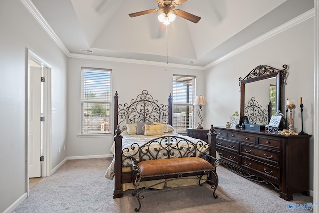 bedroom featuring light carpet, lofted ceiling, and ceiling fan