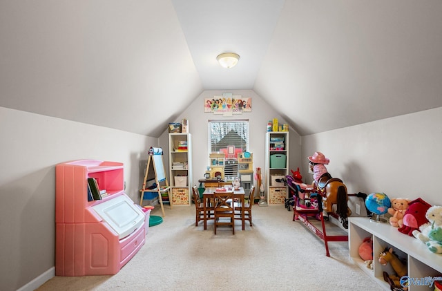 game room featuring lofted ceiling and carpet floors