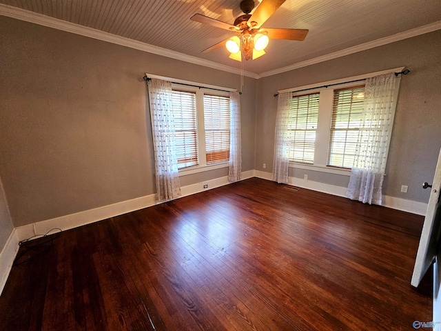 spare room featuring ceiling fan, dark hardwood / wood-style flooring, and crown molding