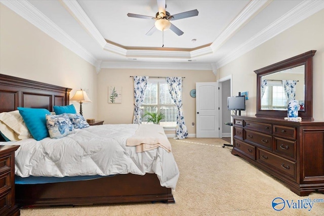 carpeted bedroom featuring ceiling fan, ornamental molding, and a raised ceiling