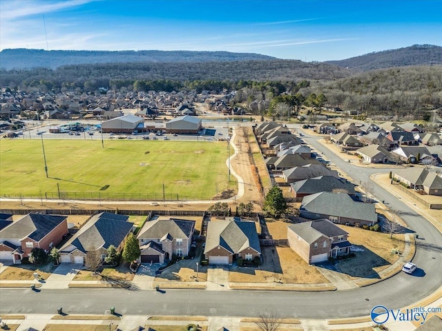 birds eye view of property featuring a mountain view