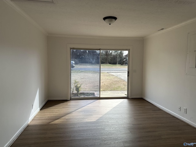 interior space with ornamental molding, dark hardwood / wood-style floors, and a textured ceiling