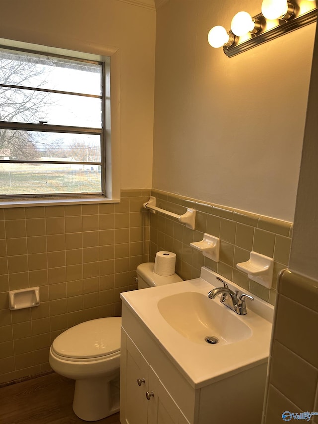 bathroom with vanity, tile walls, and toilet