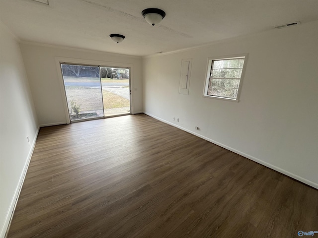 spare room featuring ornamental molding and dark hardwood / wood-style flooring