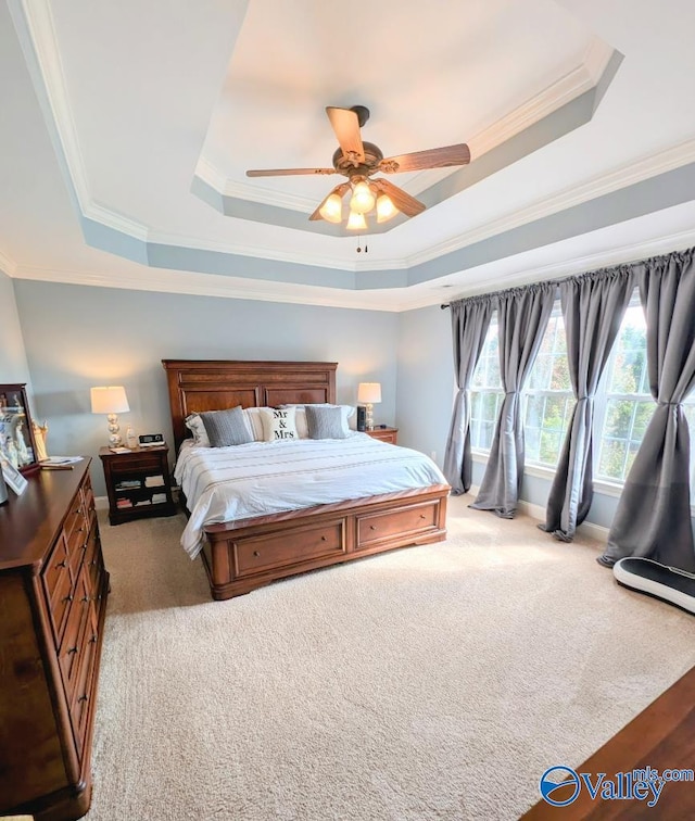 carpeted bedroom with a tray ceiling, ceiling fan, and ornamental molding