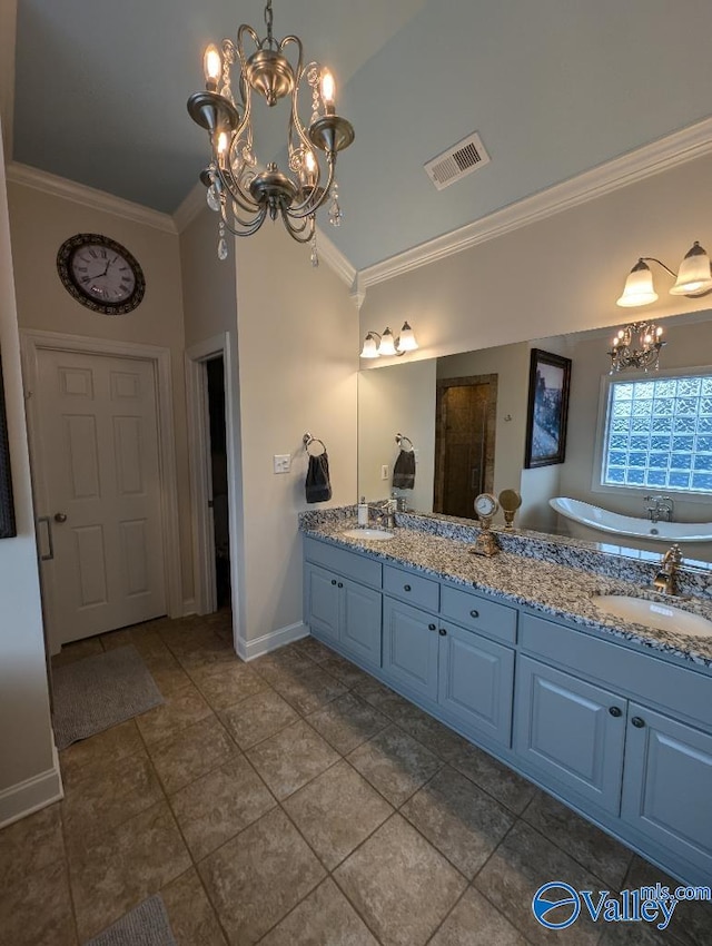 bathroom with tile patterned flooring, a notable chandelier, separate shower and tub, vanity, and ornamental molding