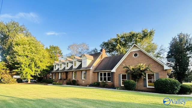 view of front facade with brick siding and a front lawn