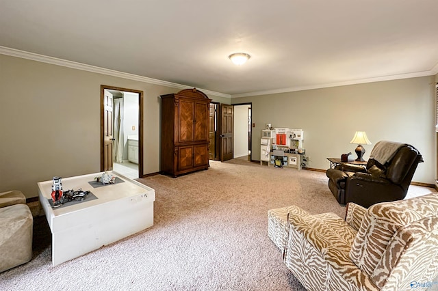 living area featuring light carpet, baseboards, and crown molding
