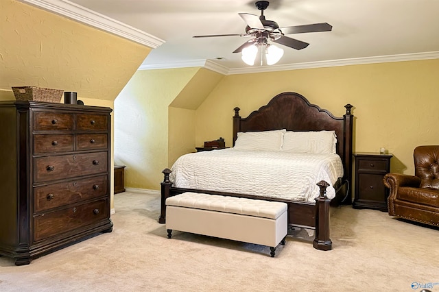 bedroom with ceiling fan, crown molding, light colored carpet, and baseboards