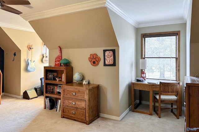 carpeted home office with baseboards, ornamental molding, and ceiling fan