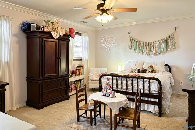 bedroom with light colored carpet, a ceiling fan, ornamental molding, visible vents, and baseboards