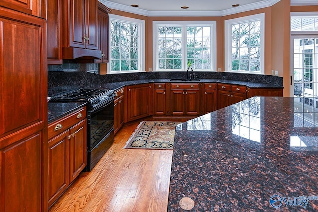 kitchen with light wood-type flooring, ornamental molding, dark stone countertops, gas stove, and a sink