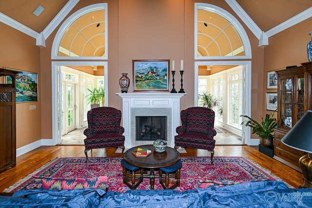 living area with plenty of natural light, ornamental molding, and high vaulted ceiling