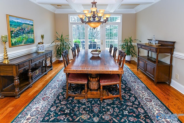 dining space featuring wood finished floors, an inviting chandelier, coffered ceiling, and beamed ceiling