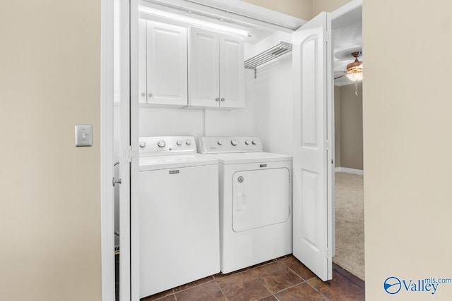 washroom with separate washer and dryer, cabinet space, and ceiling fan