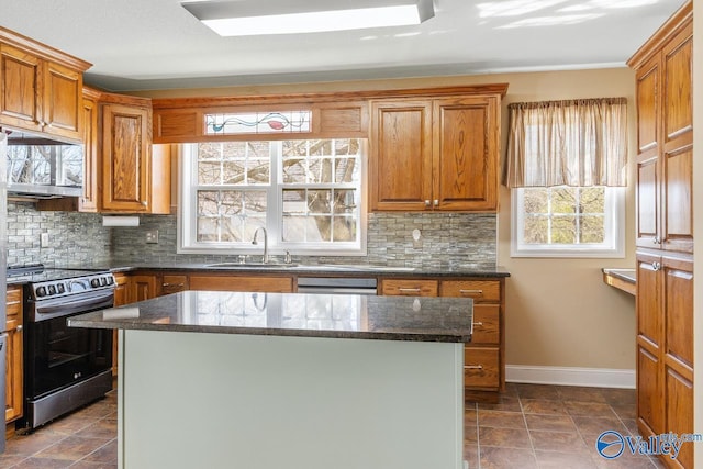 kitchen with a sink, decorative backsplash, a kitchen island, and stainless steel electric range