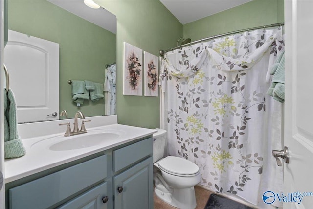 bathroom featuring vanity, toilet, and a shower with shower curtain