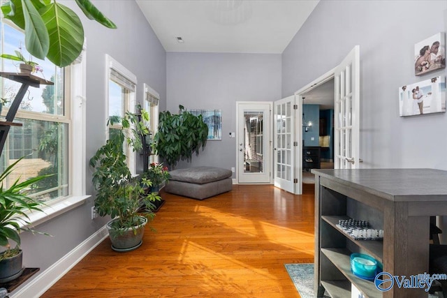 hall with hardwood / wood-style flooring and french doors