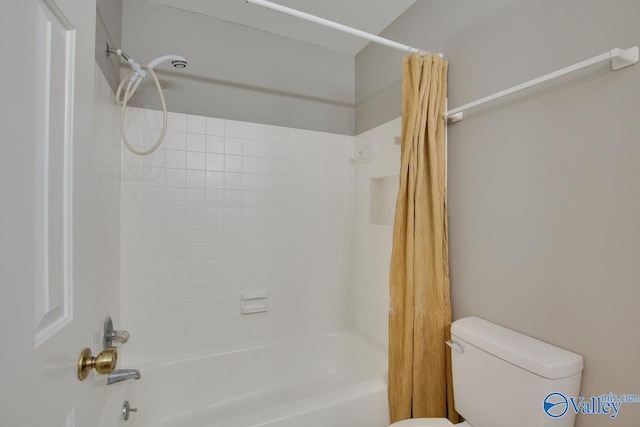 bathroom with toilet and shower / bathtub combination with curtain