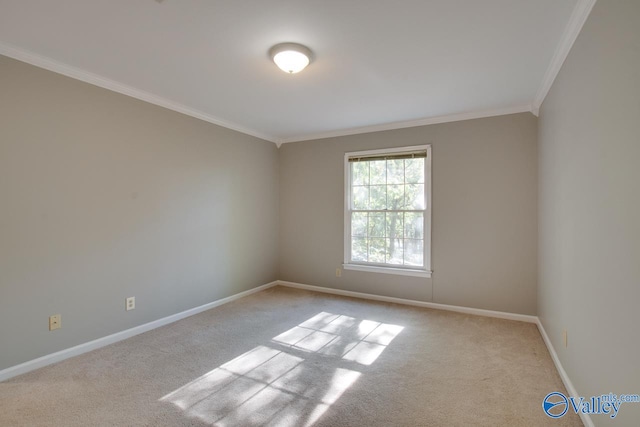 unfurnished room with ornamental molding and light carpet