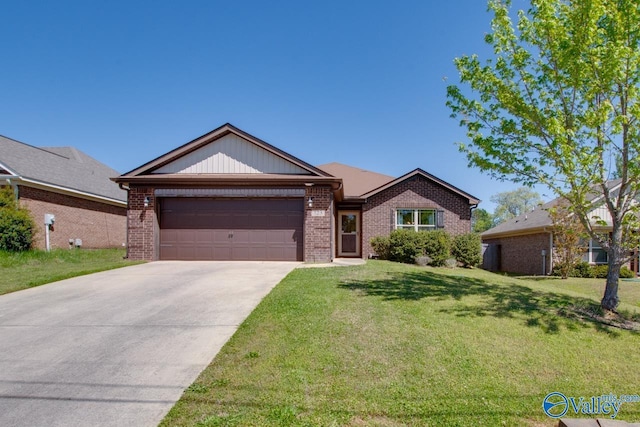 single story home with a garage, brick siding, a front yard, and concrete driveway