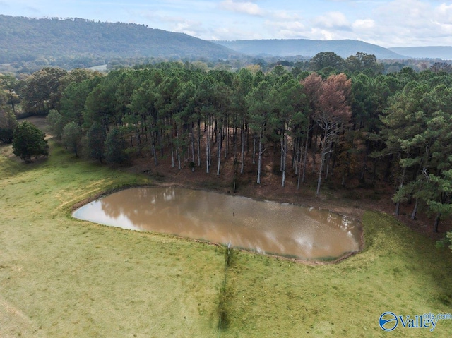 aerial view featuring a water and mountain view