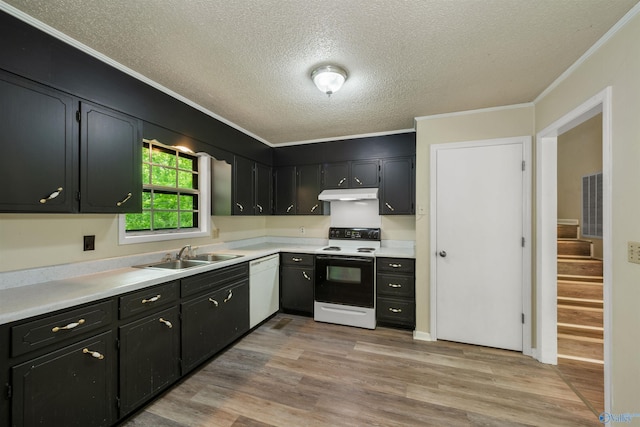 kitchen featuring crown molding, white appliances, a textured ceiling, light hardwood / wood-style floors, and sink