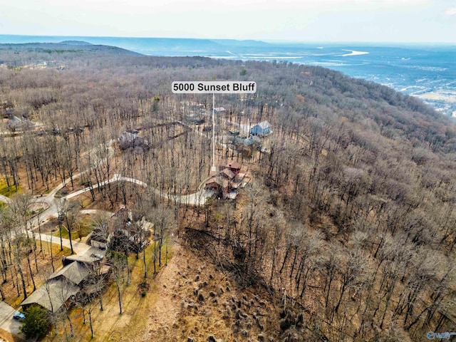 aerial view with a wooded view and a mountain view