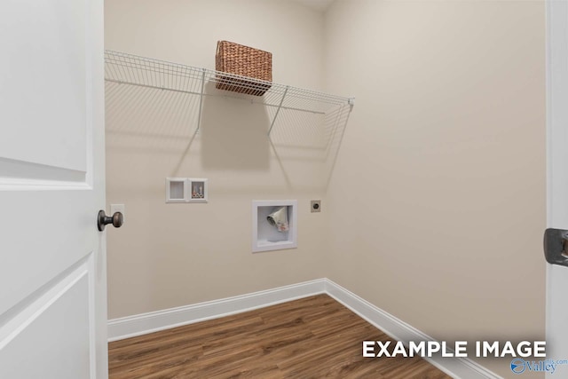 laundry room with dark wood finished floors, laundry area, hookup for a washing machine, baseboards, and electric dryer hookup
