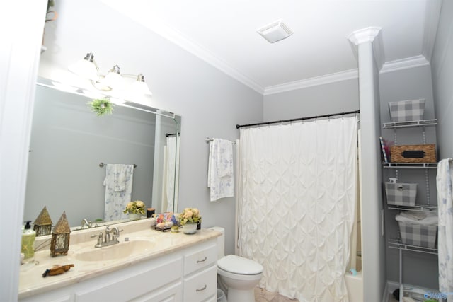 full bathroom featuring shower / bath combo with shower curtain, toilet, ornamental molding, and vanity