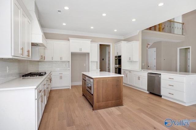 kitchen with sink, premium range hood, stainless steel appliances, white cabinets, and a kitchen island